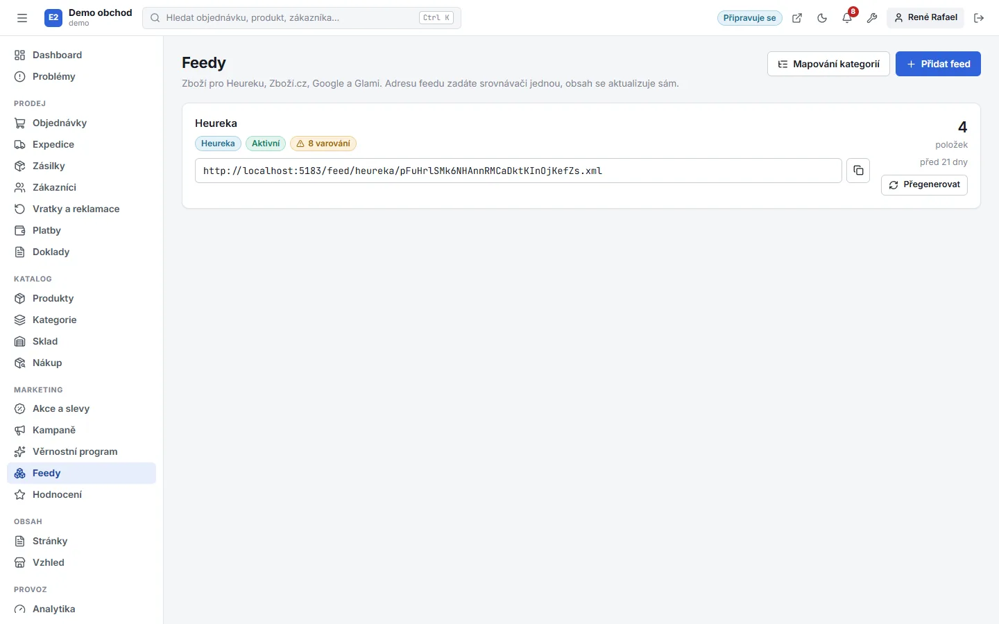 Administrace Buyshop – Feedy (Světlý režim)