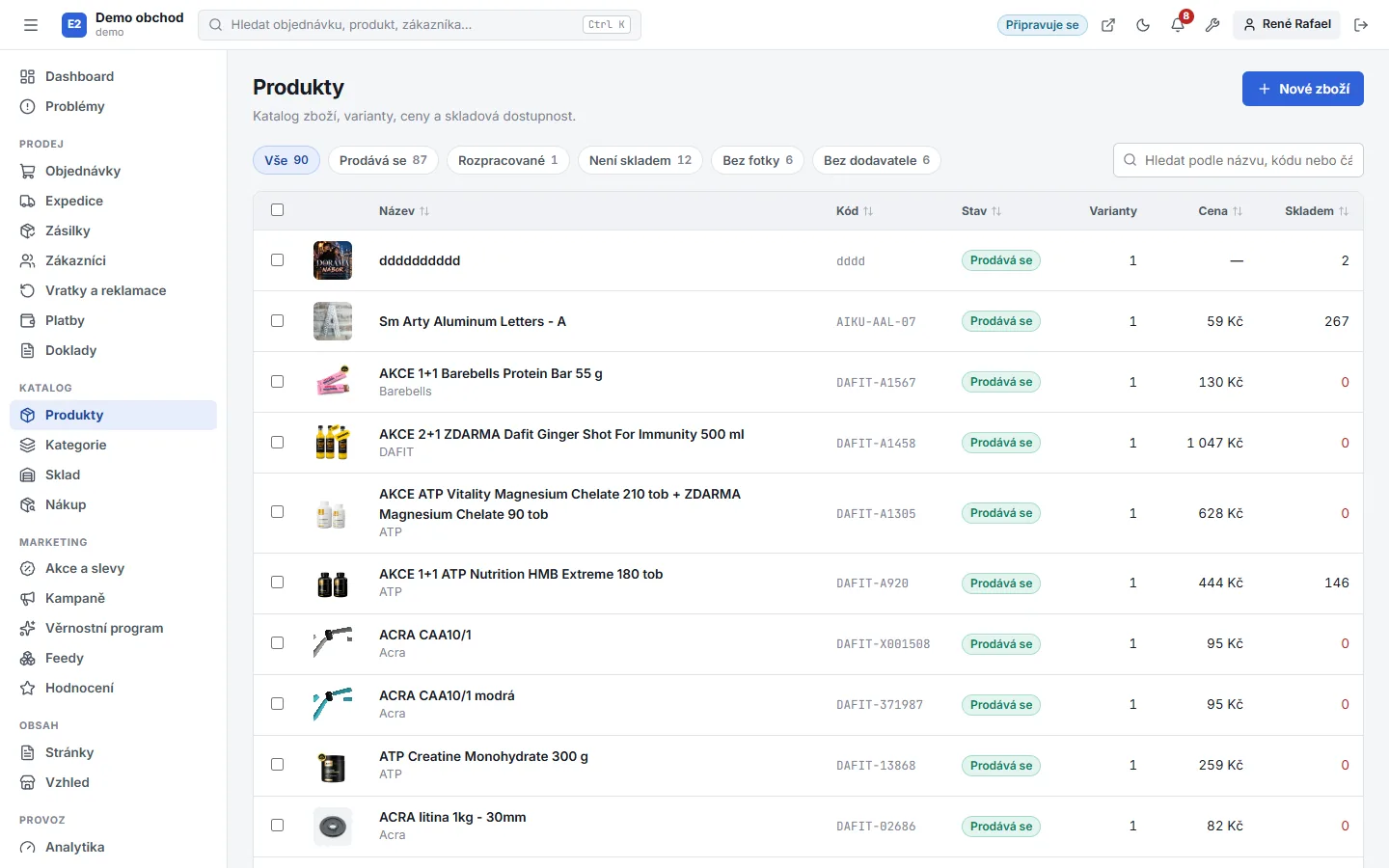 Administrace Buyshop – Produkty (Světlý režim)